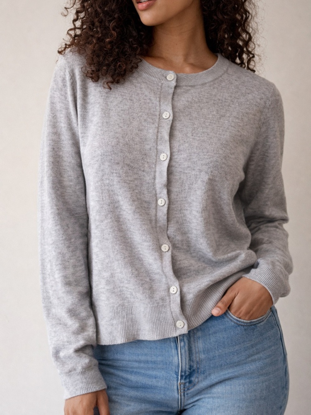 Classic Women's Gray Button-Front Crewneck Cardigan Sweater